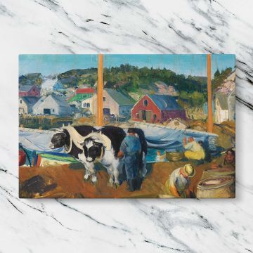 Ox Team at Matinicus Wharf canvas artwork displayed on a marble background