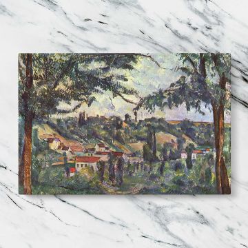 The Hameau des Patis canvas artwork displayed on a marble background