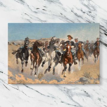 Dismounted The Fourth Troopers Moving the Led Horses canvas artwork displayed on a marble background