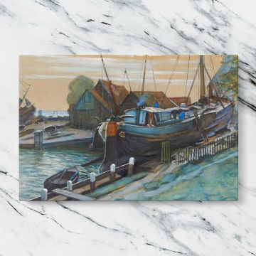 Drydock at Durgerdam canvas artwork displayed on a marble background