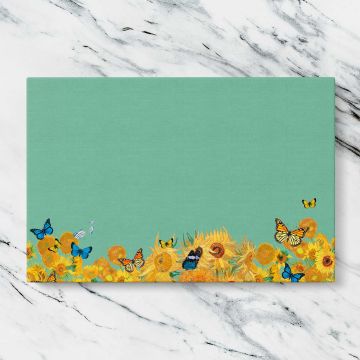 Sunflowers and Butterflies on Green canvas artwork displayed on a marble background