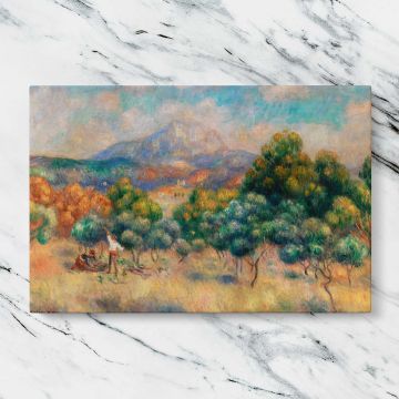 Mount of Sainte Victoire canvas artwork displayed on a marble background
