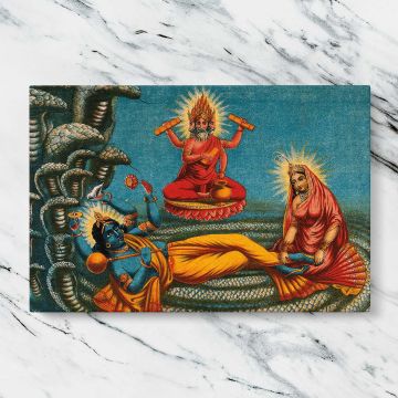 Vishnu Lakshmi and Brahma canvas artwork displayed on a marble background