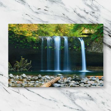 Forest Waterfall and Rocky Pool canvas artwork displayed on a marble background