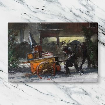 Fourteenth St at Christmas time canvas artwork displayed on a marble background