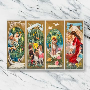 Victorian Christmas Angels and Family Panels canvas artwork displayed on a marble background