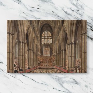 Gothic Cathedral Interior canvas artwork displayed on a marble background