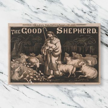 The Good Shepherd Vintage Christian Illustration canvas artwork displayed on a marble background