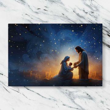 Nativity beneath a Starry Sky canvas artwork displayed on a marble background