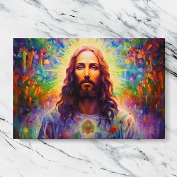 Colourful Psychedelic Jesus Portrait canvas artwork displayed on a marble background