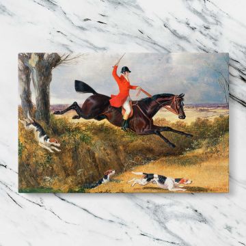 Foxhunting Clearing a Ditch canvas artwork displayed on a marble background