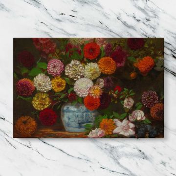 Dahlias in a Blue and White Vase canvas artwork displayed on a marble background