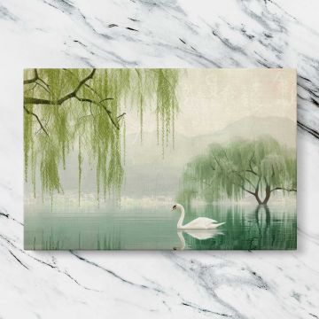White Swan beneath Willow Trees canvas artwork displayed on a marble background