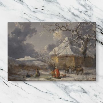 Winter Landscape with Figures canvas artwork displayed on a marble background