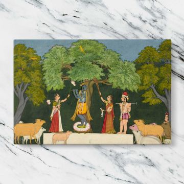 Krishna Entertains His Companions canvas artwork displayed on a marble background