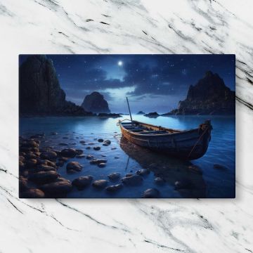Wooden Boat on a Moonlit Shore canvas artwork displayed on a marble background