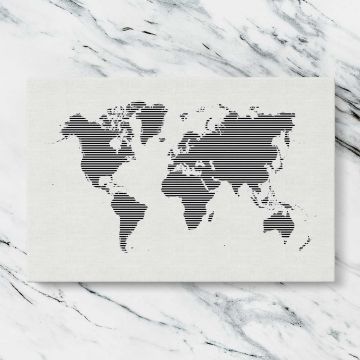 Black Striped World Map canvas artwork displayed on a marble background