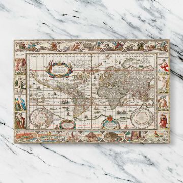 Decorative Antique World Map canvas artwork displayed on a marble background
