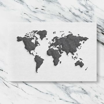 Black Geometric World Map canvas artwork displayed on a marble background