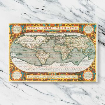 Typus Orbis Terrarum World Map canvas artwork displayed on a marble background