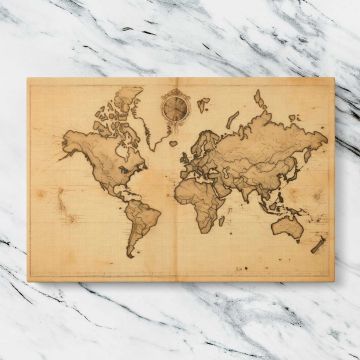 Sepia Antique World Map with Compass canvas artwork displayed on a marble background
