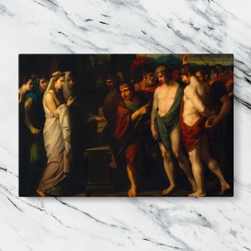 Pylades and Orestes Brought as Victims before Iphigenia canvas artwork displayed on a marble background