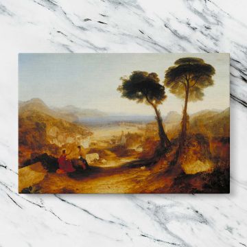 The Bay of Baiae with Apollo and the Sibyl canvas artwork displayed on a marble background