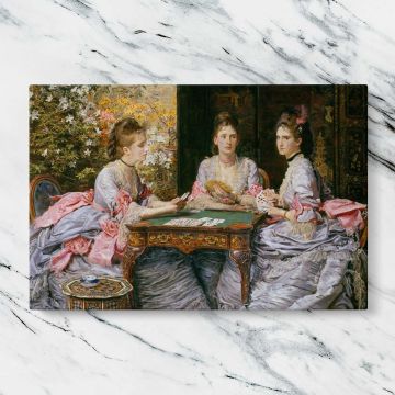 Hearts are Trumps canvas artwork displayed on a marble background