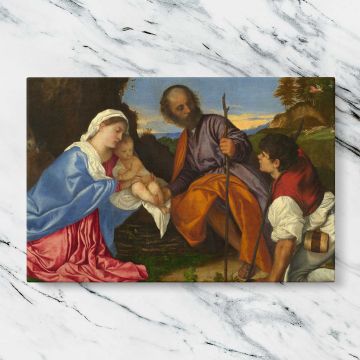 Holy Family in a Mountain Landscape canvas artwork displayed on a marble background