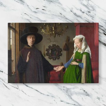 Renaissance Couple in a Domestic Interior canvas artwork displayed on a marble background