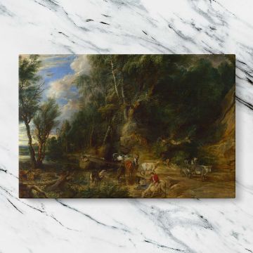 Wooded Landscape with Travellers and Horses canvas artwork displayed on a marble background