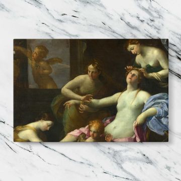 Classical Women beneath an Ornate Canopy canvas artwork displayed on a marble background