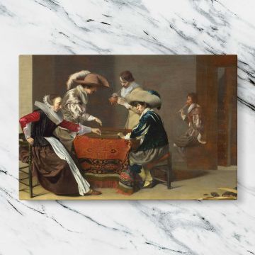 Men Playing Cards in a Tavern canvas artwork displayed on a marble background