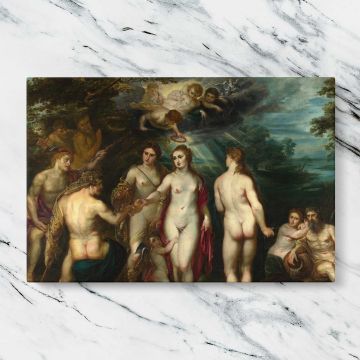 Mythological Figures beneath a Clouded Sky canvas artwork displayed on a marble background