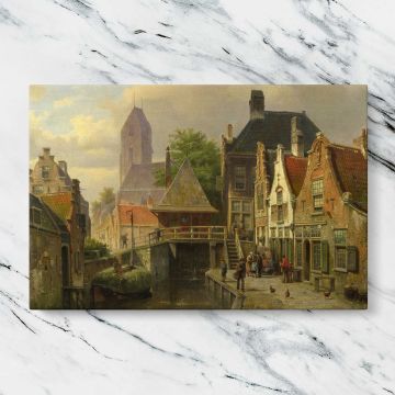 Dutch Canal Town with Brick Houses canvas artwork displayed on a marble background