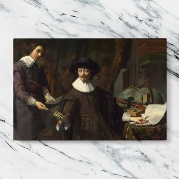 Two Gentlemen with Maps and a Globe canvas artwork displayed on a marble background