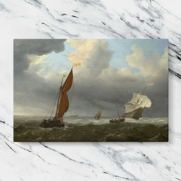 Sailing Boats on a Breezy Sea canvas artwork displayed on a marble background