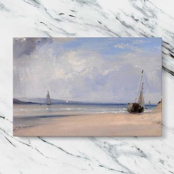 Sailing Boats on a Pale Sandy Beach canvas artwork displayed on a marble background