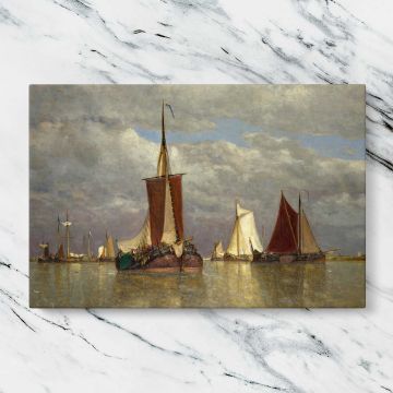 Red Sailed Boats on Still Water canvas artwork displayed on a marble background