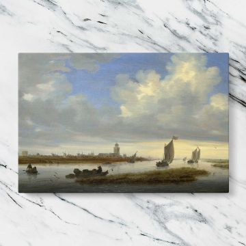 Estuary Boats and Distant Church Tower canvas artwork displayed on a marble background