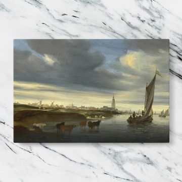 Cattle beside a River with Sailing Boats canvas artwork displayed on a marble background