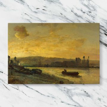 River Town in Golden Evening Light canvas artwork displayed on a marble background
