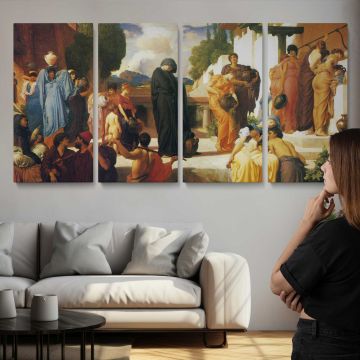 Classical Gathering in a Courtyard by Frederic Leighton — three-panel canvas above a sofa