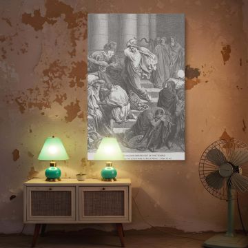 Canvas wall art depicting the buyers and sellers driven out of the temple with Christ at center in divine authority, a moment of righteous confrontation captured by Dore in fine linework and ideal for religious spaces.