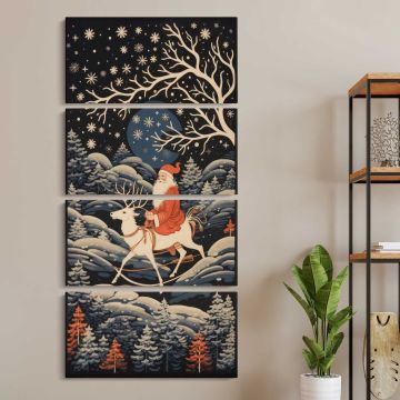Santa Riding a Reindeer Through a Winter Forest three panel canvas wall art room mockup