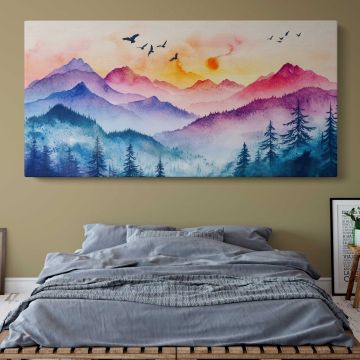 Colourful Mountain Layers and Forest — single-panel canvas above a bed with blue bedding