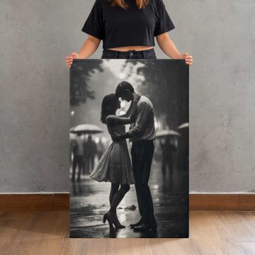 Couple Dancing in the Rain canvas print, canvas shown with a person for scale