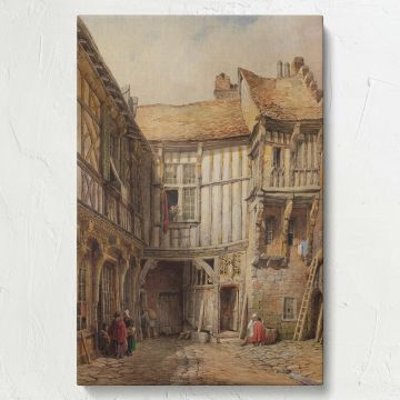 Stunning framed canvas print of the historic Rue de la Tannerie courtyard in Abbeville, France, featuring exquisite architectural details, perfect for adding a sophisticated old-world charm to vintage-inspired home decor and classic interiors.