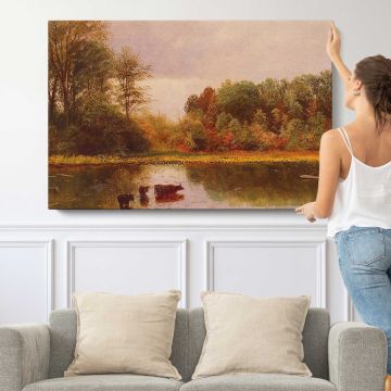 Cows Watering in a Landscape by Albert Bierstadt - single-panel canvas shown with a person for scale