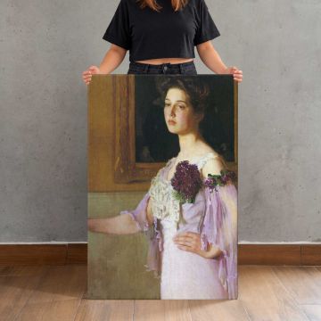 Woman Holding Purple Flowers by Lilla Cabot Perry canvas print, held for scale